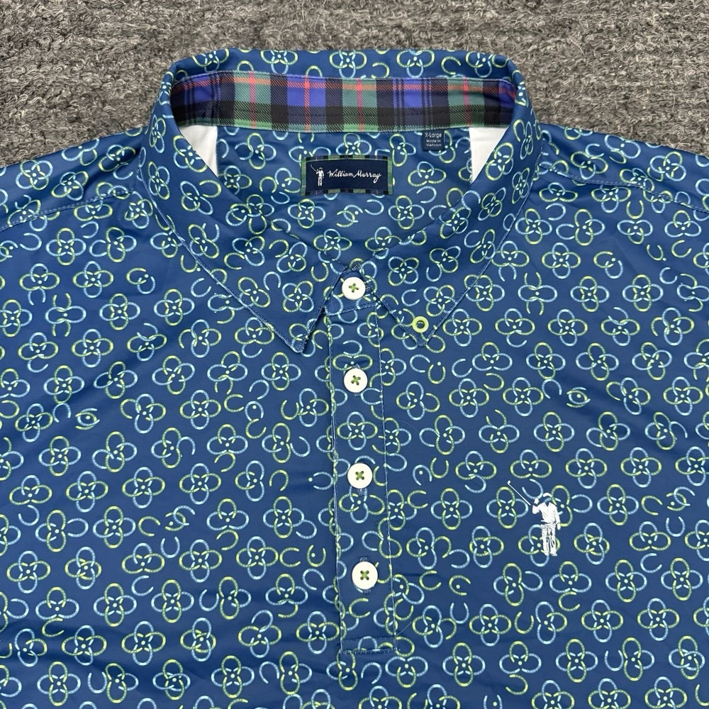 William Murray Polo Shirt Men XL Blue Horseshoe Print Stretch Golf Lucky Preppy